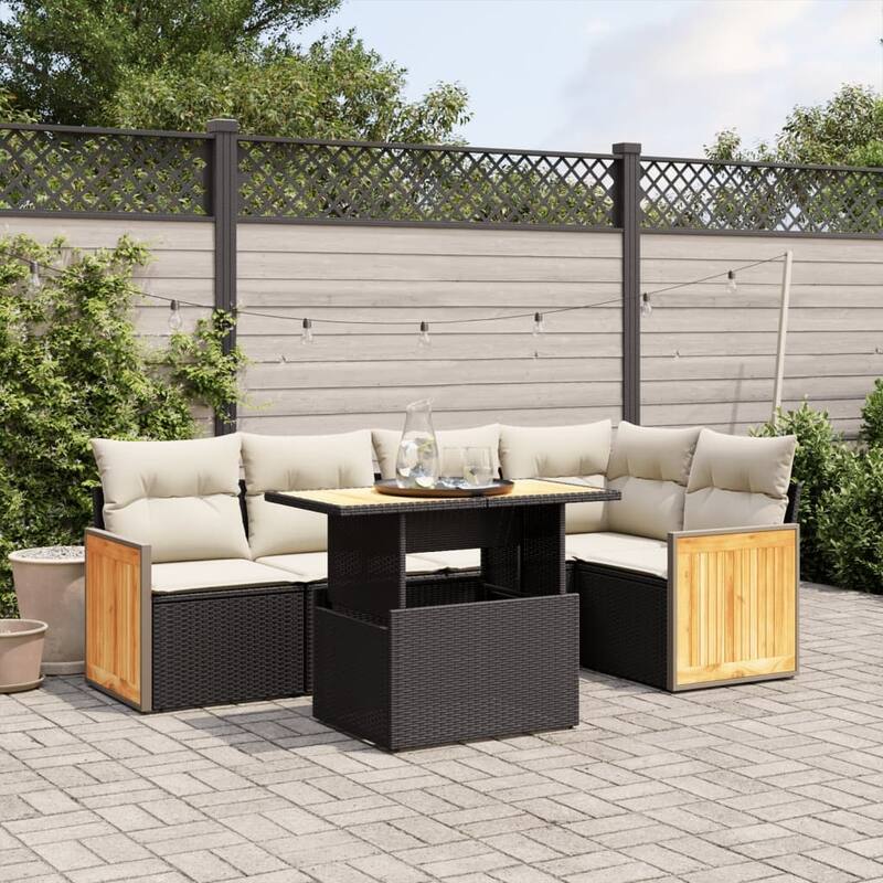 vidaXL Patio Sofa Set with Cushions Outdoor Furniture 6 Piece Poly Rattan - Black and cream without storage - 21.7 x 39.4 x 28.7 in