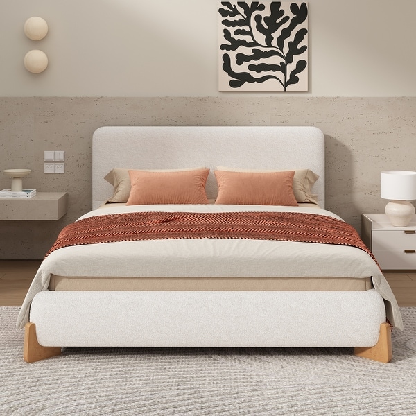 Gdf Studio Eryndor Modern Full Size Upholstered Boucle Platform Bed with Headboard Wood White