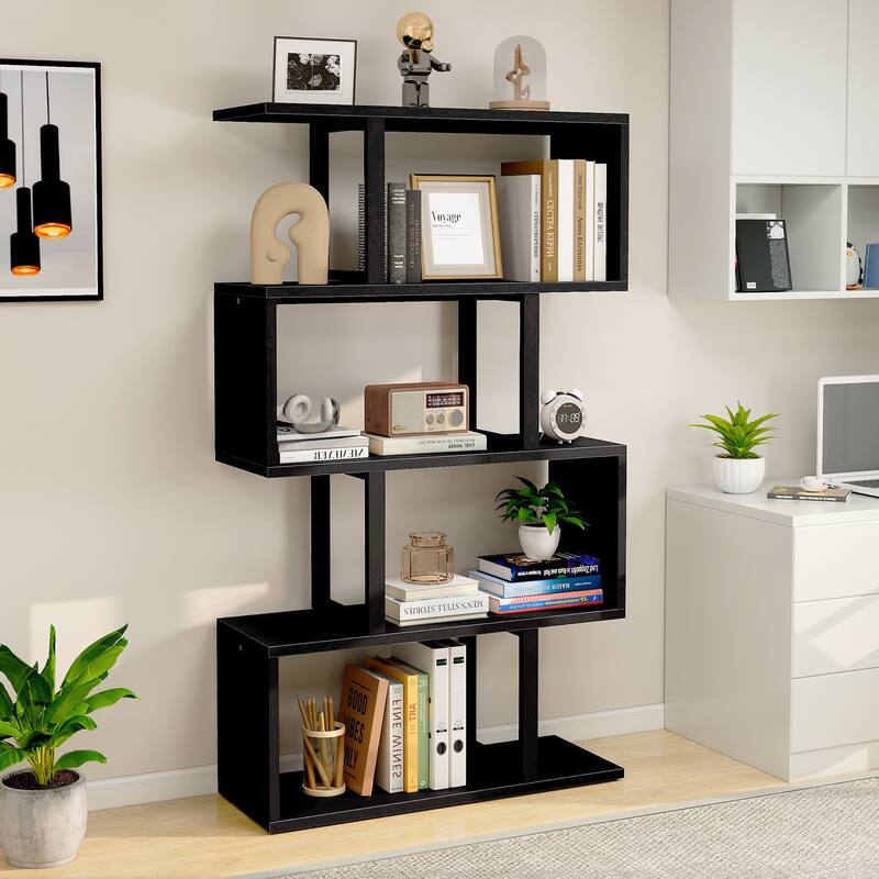 Moasis Modern Corner Shelf Bookcase Bookshelf with Unique S Shaped for Living Room and Home Office - Black