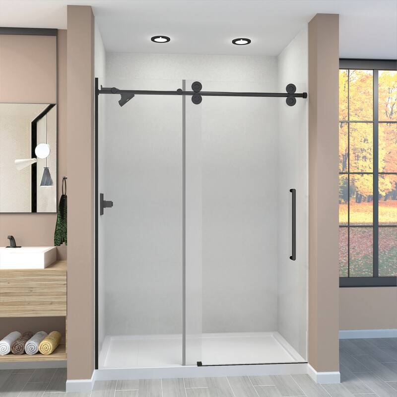 Teegan Plus 59 in. W x 80 in. H Sliding Door with Fixed Panel Semi-Frameless Shower Door with Clear Glass