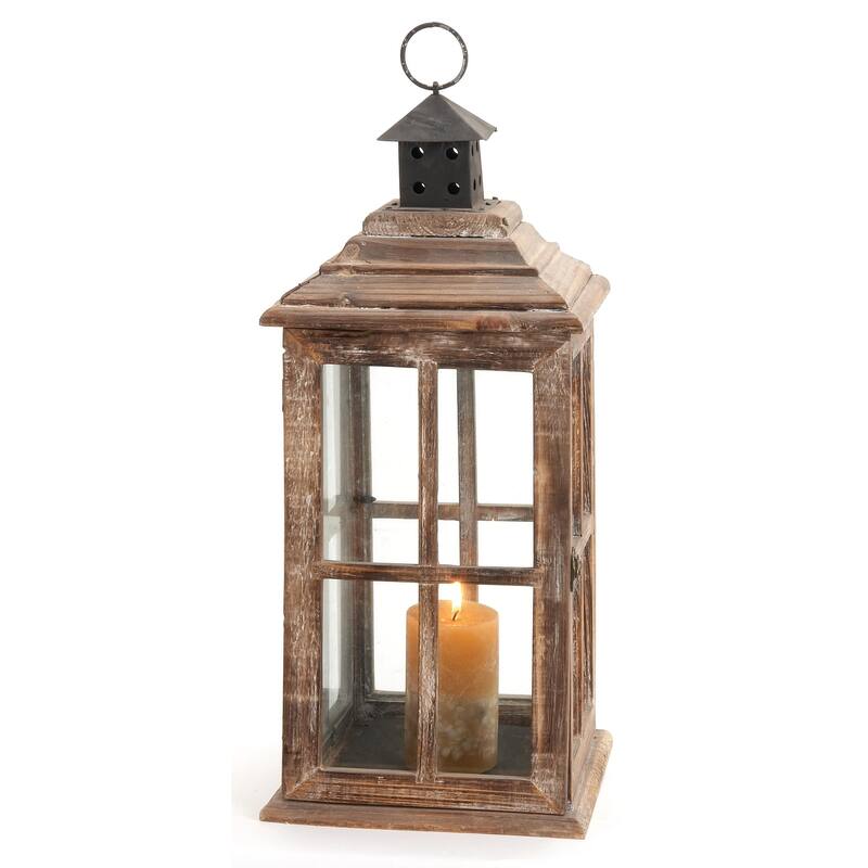 Brown or Light Brown Wood Lighthouse Style Decorative Indoor Outdoor Candle Lantern with Black Ring Handle