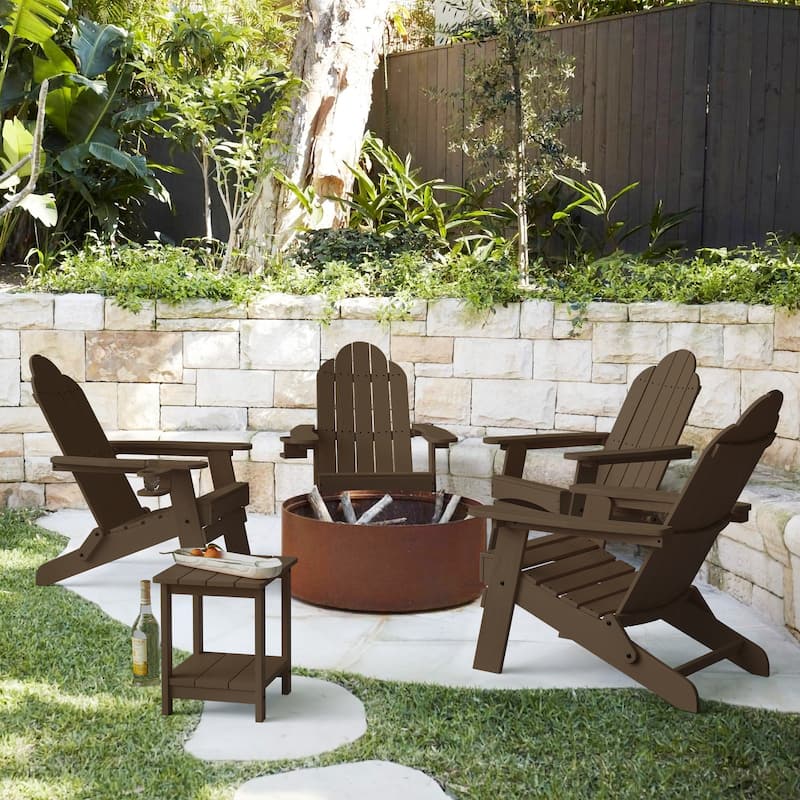 Foldable HDPS Plastic Weather Resistant Outdoor Patio Folding Adirondack Chairs With Cup Holder Set of 4 - 35"D x 30"W x 36.2"H - Dark Brown