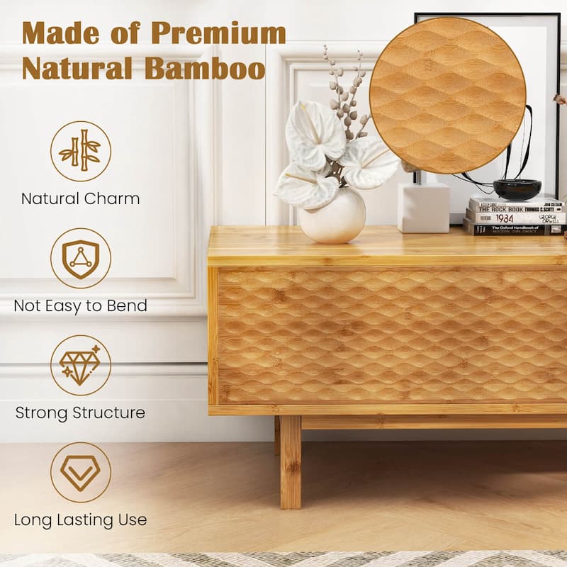 Costway 63" Bamboo TV Stand with 3 Storage Cubes Sliding Doors Mid - See Details