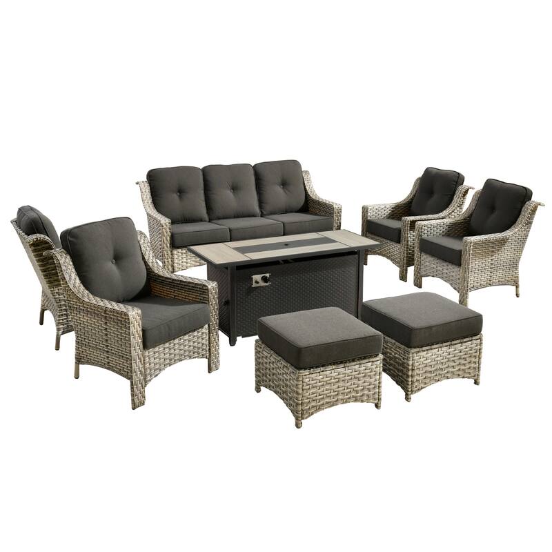 HOOOWOOO 8-piece Wicker Patio Ergonomic Conversation Set with 54" Fire Pit
