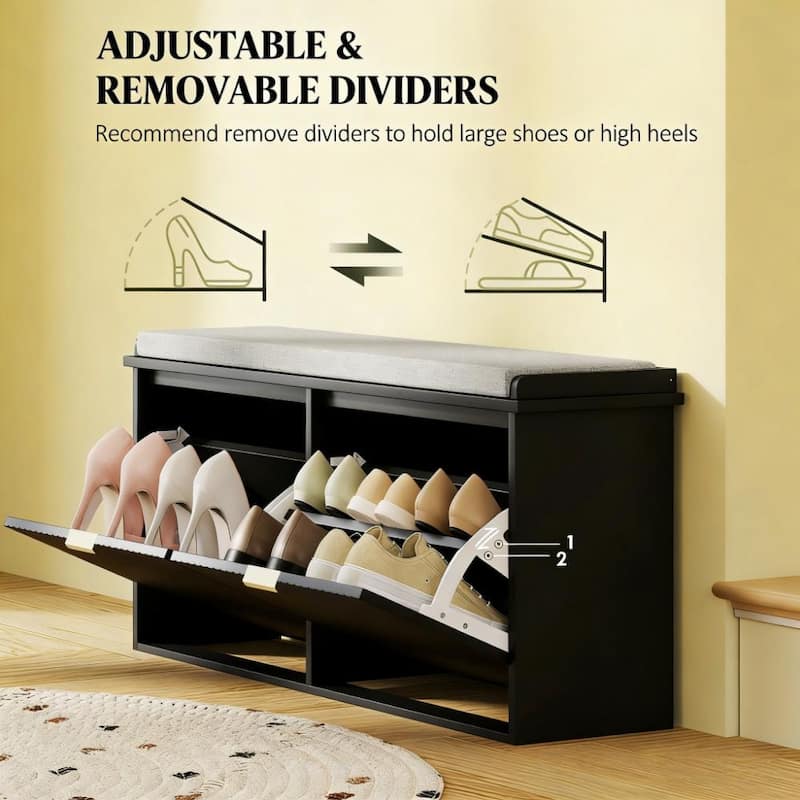 Entryway Storage Bench with Cushioned Seat and 2 Flip Up Shoe Cabinets