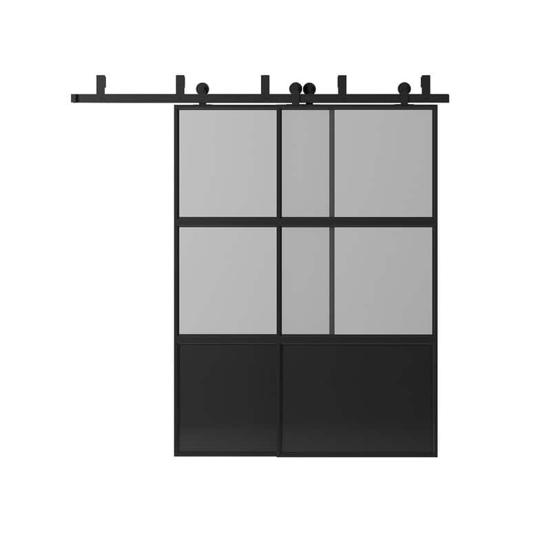Mixoy Glass Sliding Barn Door and Hardware Included-Clear Tempered Glass with Bottom Aluminum Plate&Frame,Pre-Drilled,Soft Close