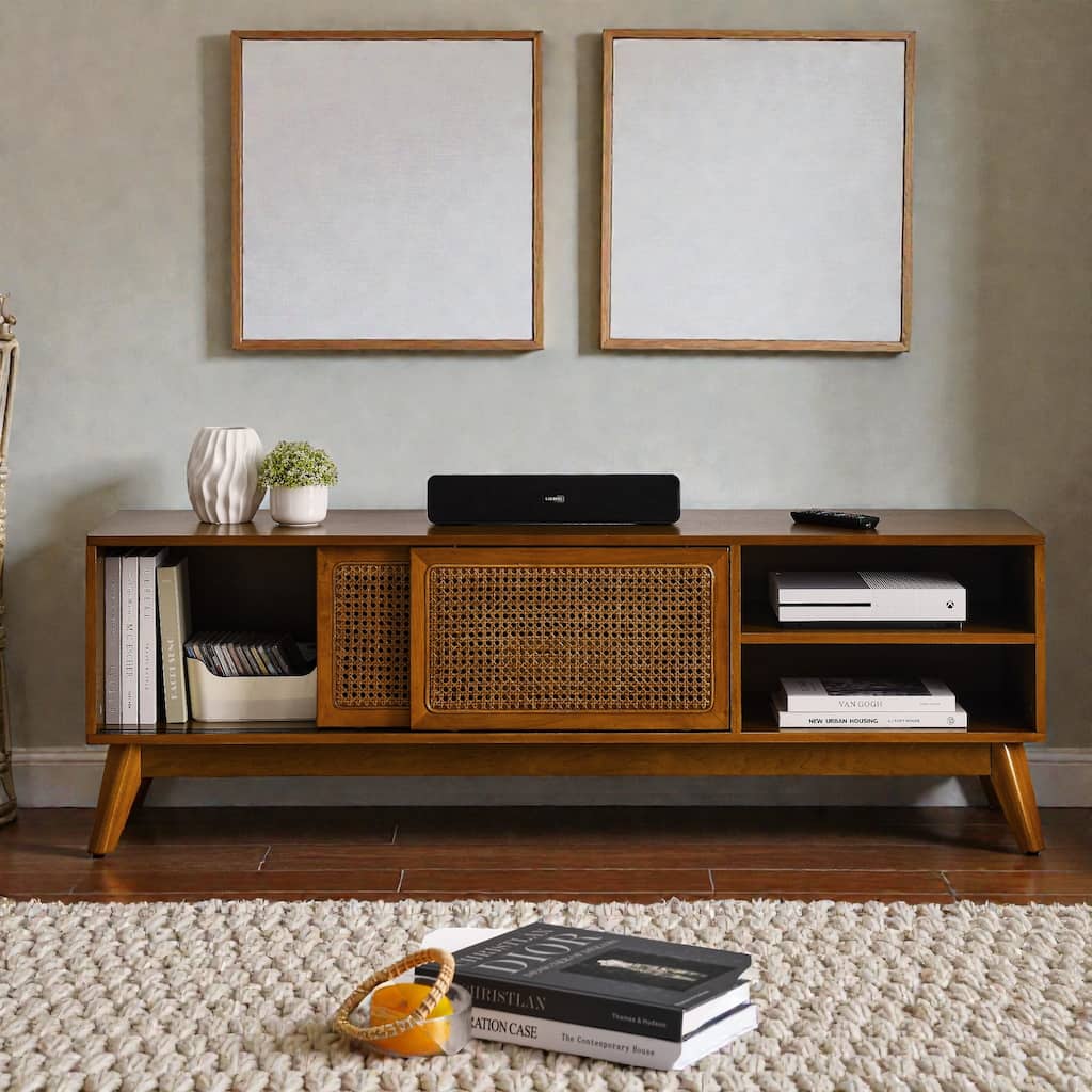 Mid Century Modern 59" Rattan TV Stand for 65" TV, Media Console with Solid Wood Legs and Storage Cabinet