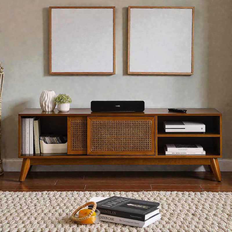 Mid Century Modern 59" Rattan TV Stand for 65" TV, Media Console with Solid Wood Legs and Storage Cabinet - Brown