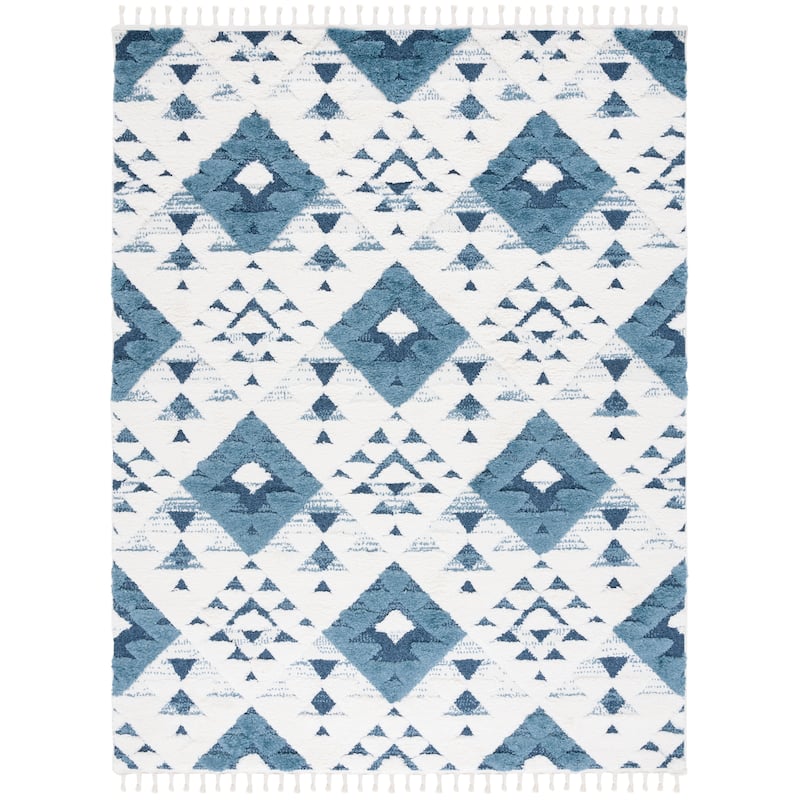 SAFAVIEH Moroccan Tassel Shag Kobi 2-inch Thick Rug - 11' x 15' - Blue/Ivory - Rectangle
