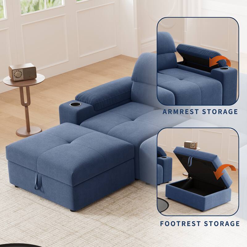 Down Filling Modular Deep Seat Couch L-shaped Sectional Sofa with Adjustable Backrest, Cup Holders, Storage Armrests and Ottoman