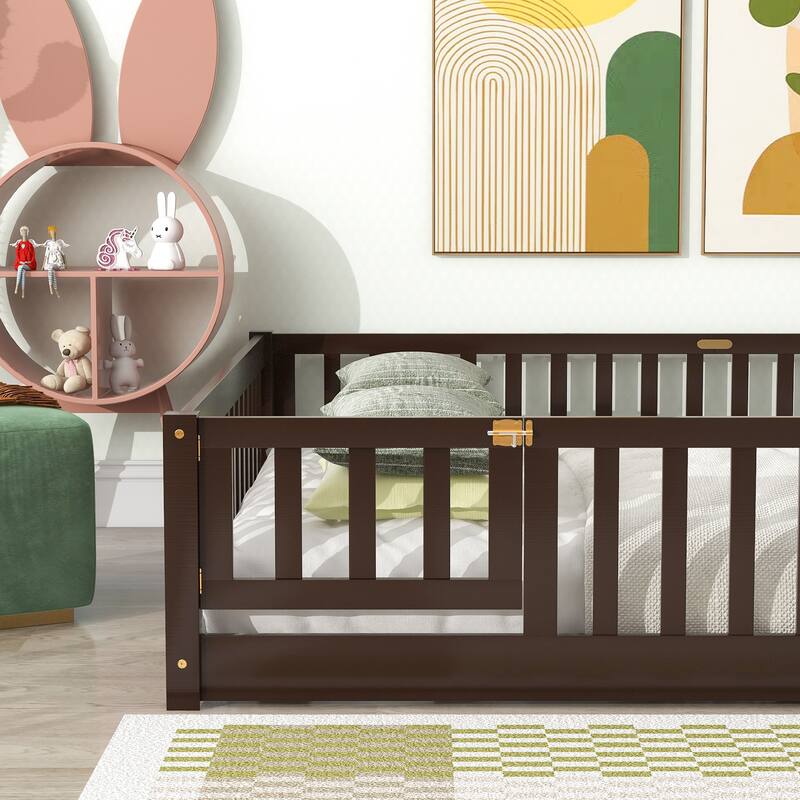 Floor Platform Bed with Fence Guardrails and Door