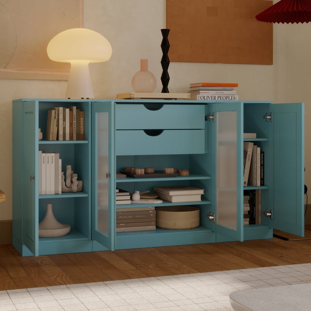 Palace Imports 100% Solid Wood 65" Sideboard with Solid, Frosted Glass Doors, 2-Drawers and Adjustable Shelves