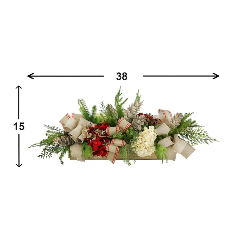 Hydrangea Holiday Arrangement with Evergreen and Bows in a Wood Planter - Red, Beige, Green, Browns - 15Hx38Wx18D