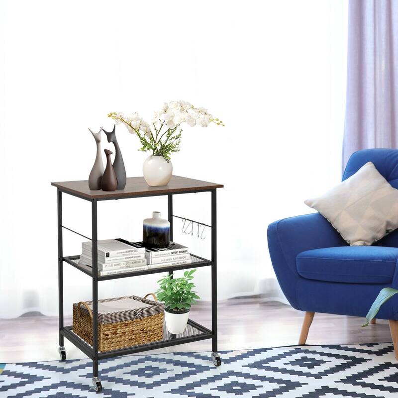 3 Tier Rolling Kitchen Cart with Hooks and Wheels for Storage and Utility