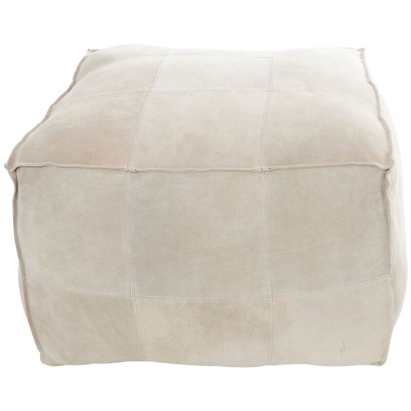 Gray Leather Low Profile Square Pouf with Patchwork Design