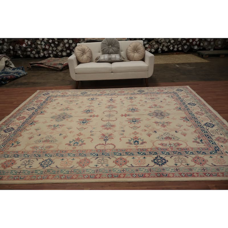 Hand Knotted Oriental 100% Wool Carpet Traditional Geometric Beige & Ivories Kazak Area Rug - 9' 10'' X 8' 2''
