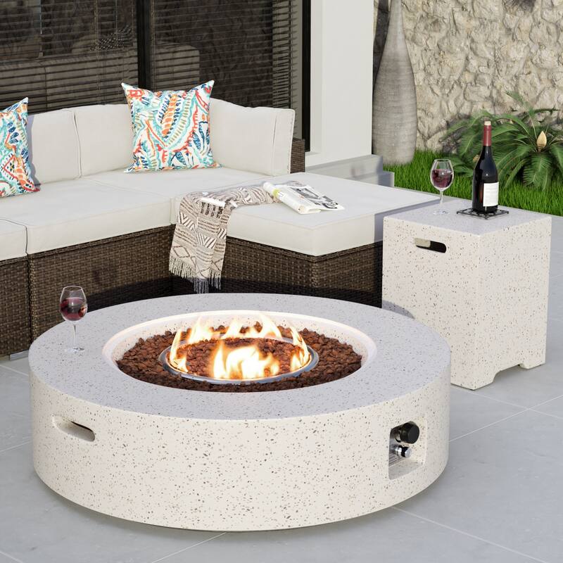 COSIEST Outdoor 41''Round Concrete Fire Pit Table with Tank - Off-White