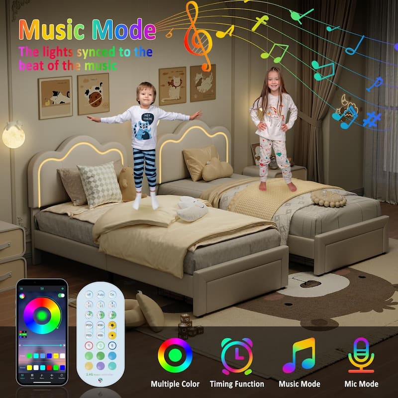 Twin Platform Bed, with LED Light and Adjustable Headboard，With Drawer