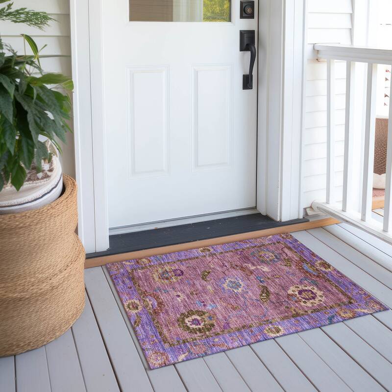 Machine Washable Indoor/ Outdoor Traditional Boho Chantille Rug - Pink - 1'8" x 2'6"