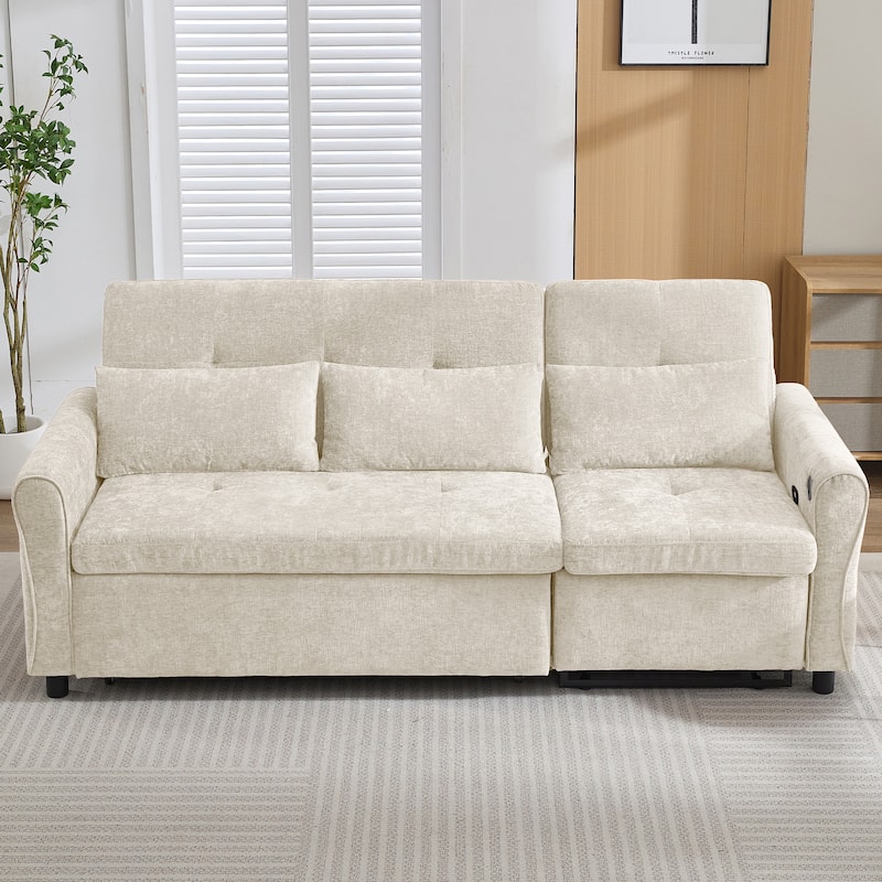 2-in-1 Sleeper Sofa Bed, 3 Seater Sectional Sofa with Pull Out Bed, Reversible Recliner Sofa with Pillows and USB Port
