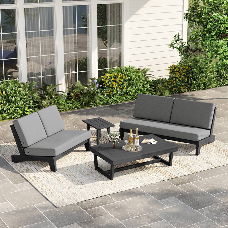 Casual Teak Outdoor Patio Conversation Set with Cushioned Sofa Loveaseat