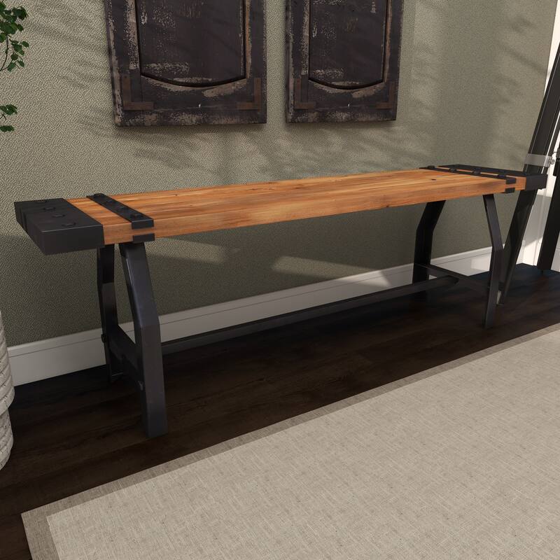 Brown Wood Bench with Black Metal Base and Studs - 55 x 13 x 18