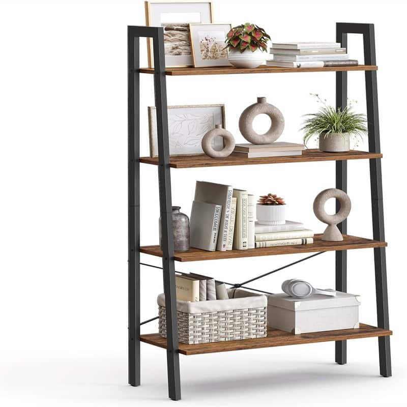 Ladder Shelf - 13.6"D x 31.5"W x 54.1"H - Rustic Brown + Black 13.6 x 31.5 x 54.1 Inches