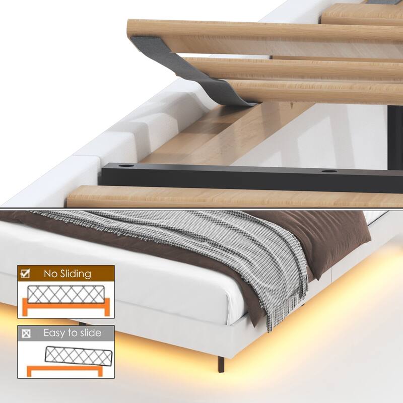 Floating King Bed Frame with LED Lights, USB Charging, and Hidden Storage, No Box Spring Needed, Beige