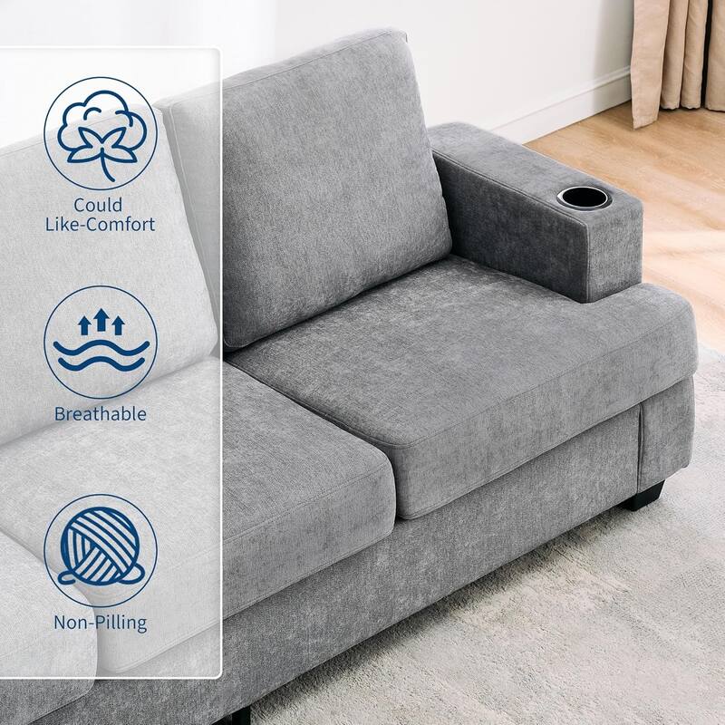 89" 3-Seater Sofa, Deep Seat Sofa, Modern Comfy Couches for Living Room with Cup Holders