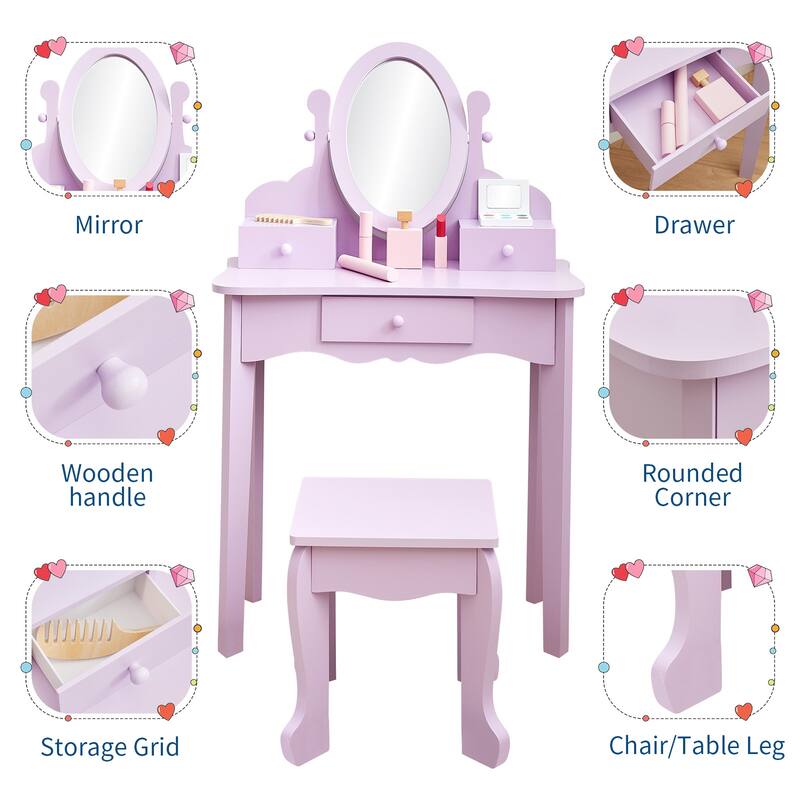 Kids Vanity Set with Mirror & Stool, Wooden Princess Makeup Dressing Table with Drawers for Girls Ages 4-9 - N/A