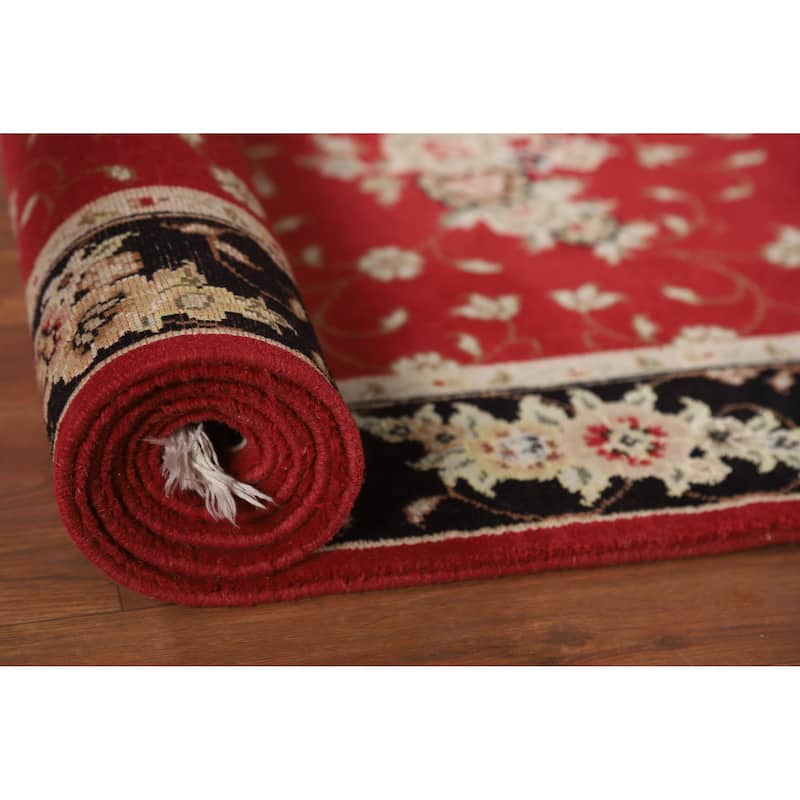 Red Floral Tabriz Chinese Runner Rug Handmade Wool and Silk Carpet - 2'5" x 8'1"