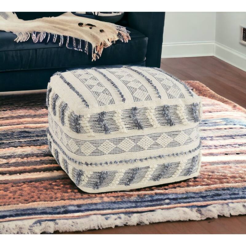 Comfortable 18" Pouf Ottoman Blue Striped Wool Upholstered Floor Cushion with Removable Cover