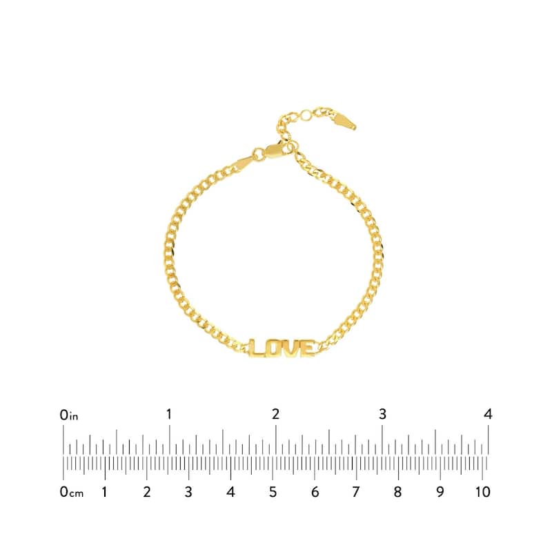 Curata 14k Yellow Gold 7.25" LOVE Plate Adjustable Curb Chain Bracelet
