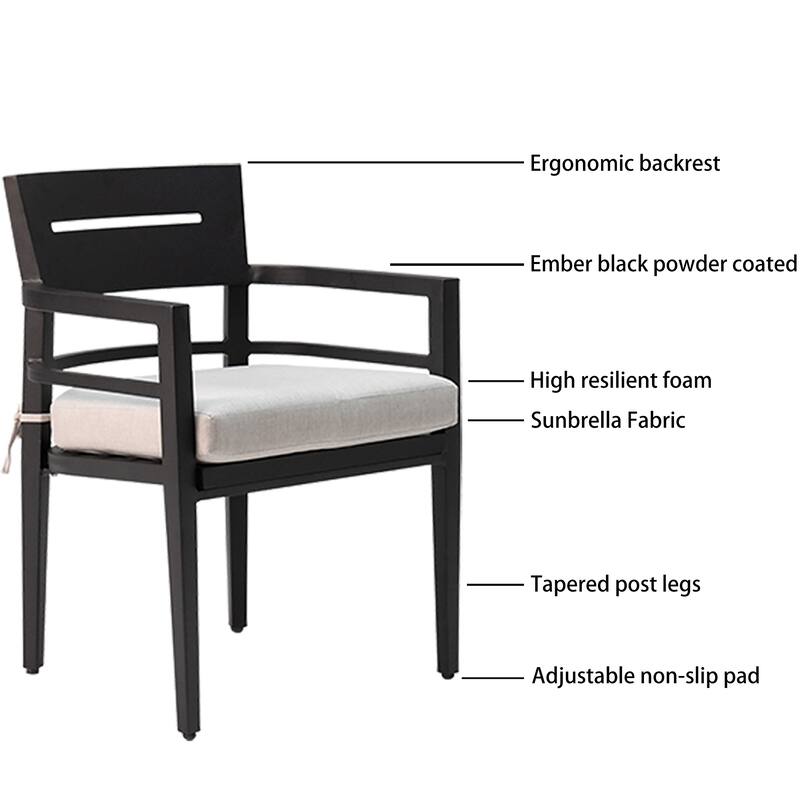 5-Piece Aluminum Dining Set - 40" Square Table and 4 Dining Chairs with Sunbrella Cushions, Ember Black