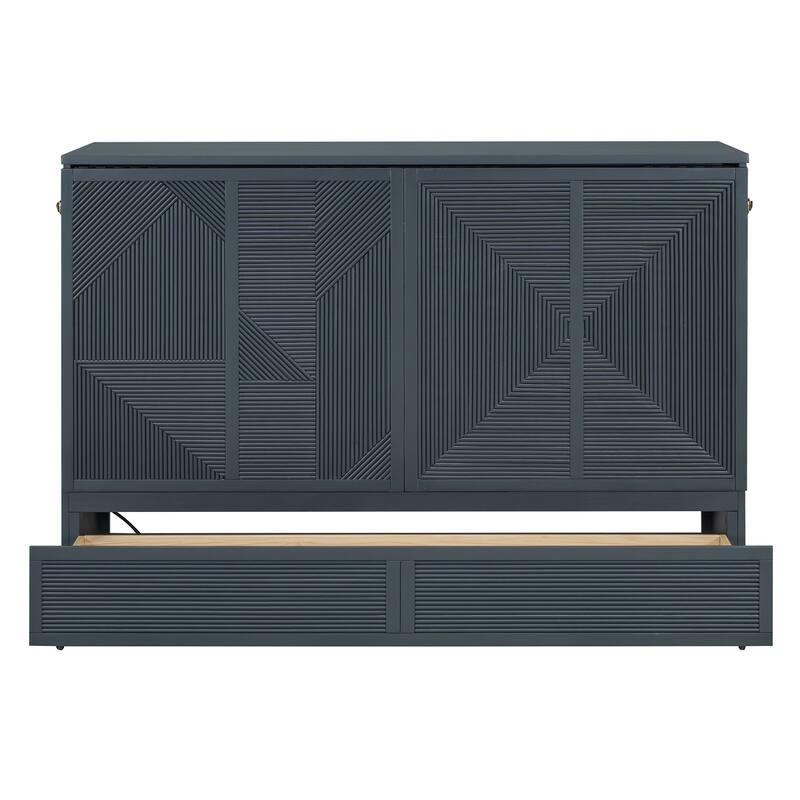 Queen Size Murphy Bed with Large Storage Drawer, USB Ports, and Outlets - Gray, Space-Saving Design
