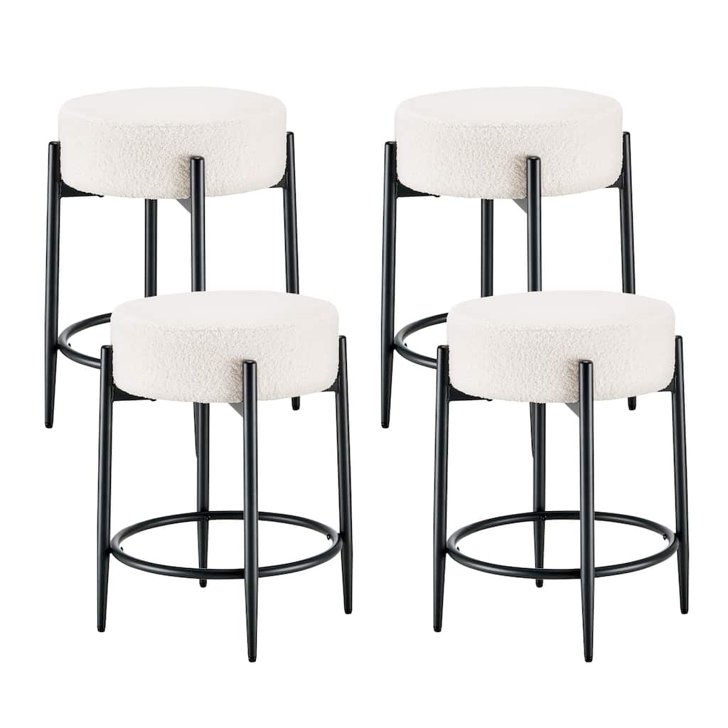 Mid-Century Modern Chair Set of 4 - 23.6" Backless Kitchen Stools with Boucle Upholstery & Sturdy Metal Base