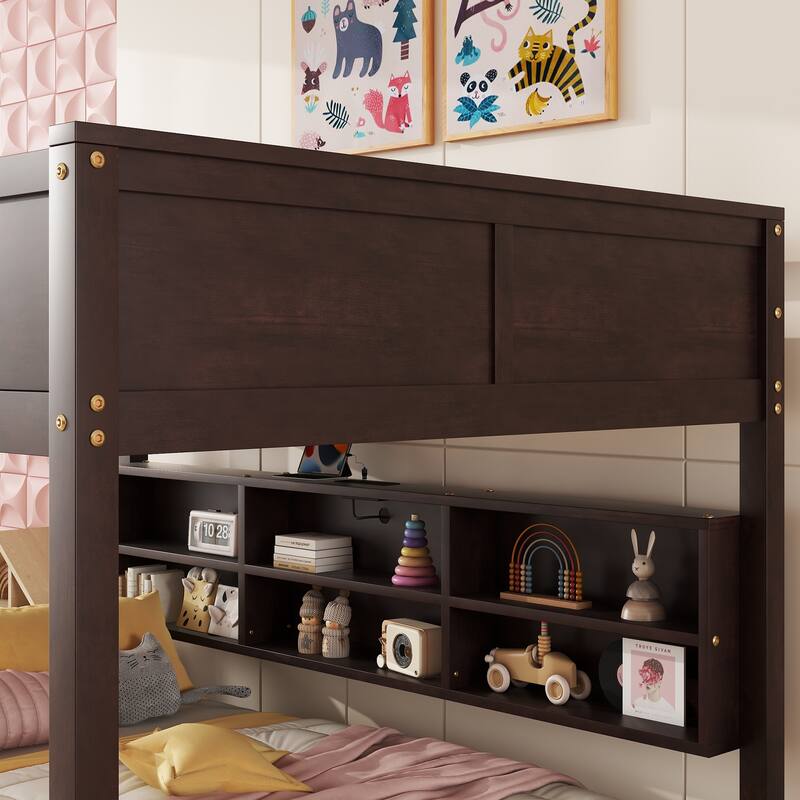 Queen-Size Over Queen-Size Bunk Bed With Integrated Storage Cabinets, USB Charging Ports, Wooden Ladder, Safety Rails .