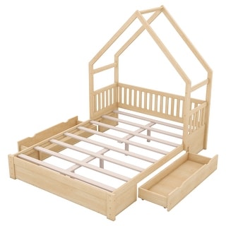 Queen Size House Platform Bed with Safety Guardrail and 2 Drawers, Rustic Sturdy Pine Wood Bed Frame for Kids Bedroom Natural