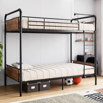Heavy Duty Twin Size Convertible Bunk Bed with Guardrail & Ladders