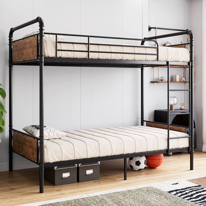 Twin Over Twin Metal Bunk Bed with Guardrails & Ladder, Convertible Heavy Duty Frame for Kids & Adults - Twin - Black