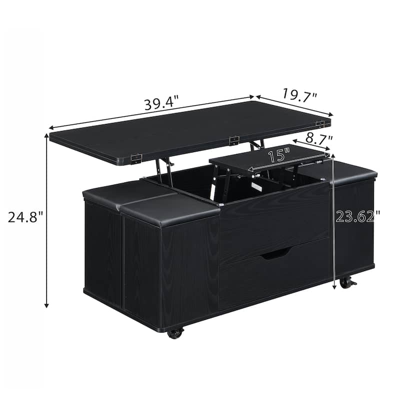 Lift-Top Coffee Table with Hidden Storage & 4 Stools - Multi-Functional Modern Center Table with Casters