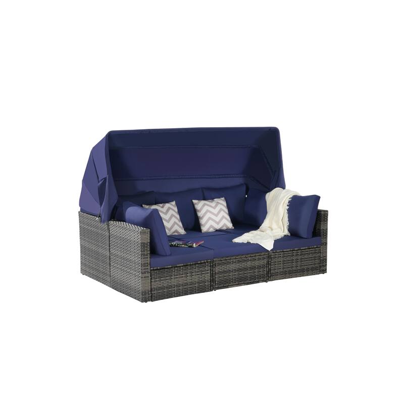 3-seat Sofa with Retractable Canopy, 2 Single Armless Chairs and Side Table - 5 Pieces Furniture Set Convertible Modular Daybed