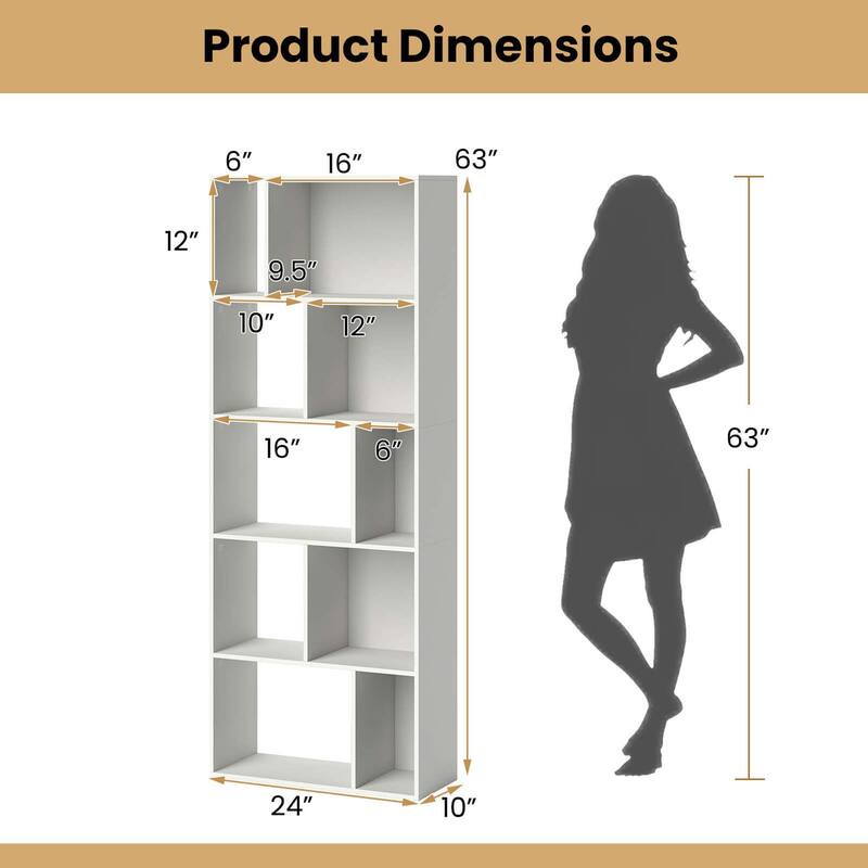 Costway 1/2 PCS 63" Tall Floor Standing Open Bookshelf with 10 Cubbies