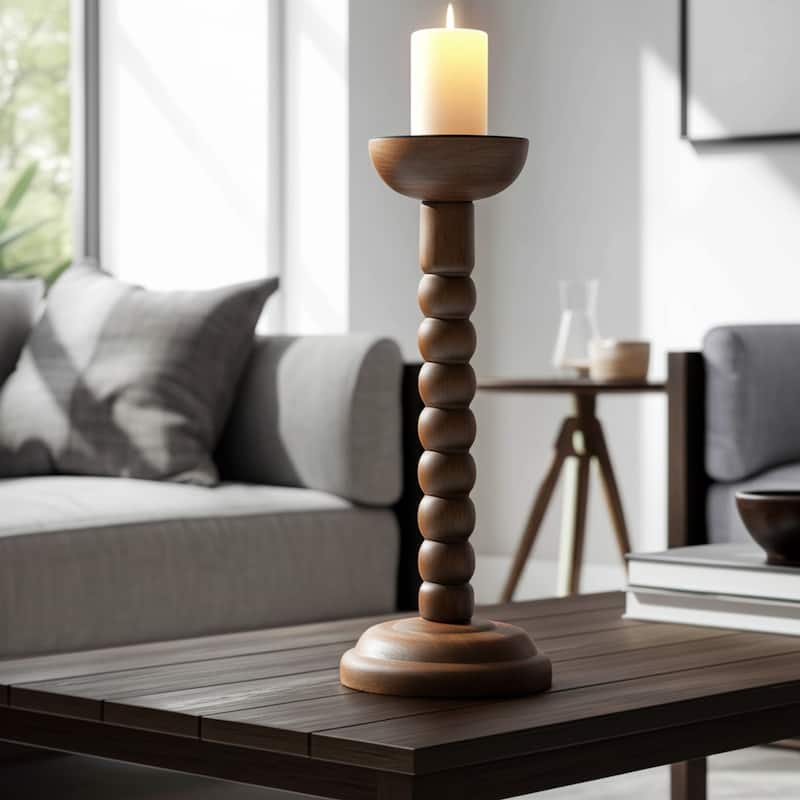 Wood Candle Holder Sculpted Round Base and Turned Detailing Accent