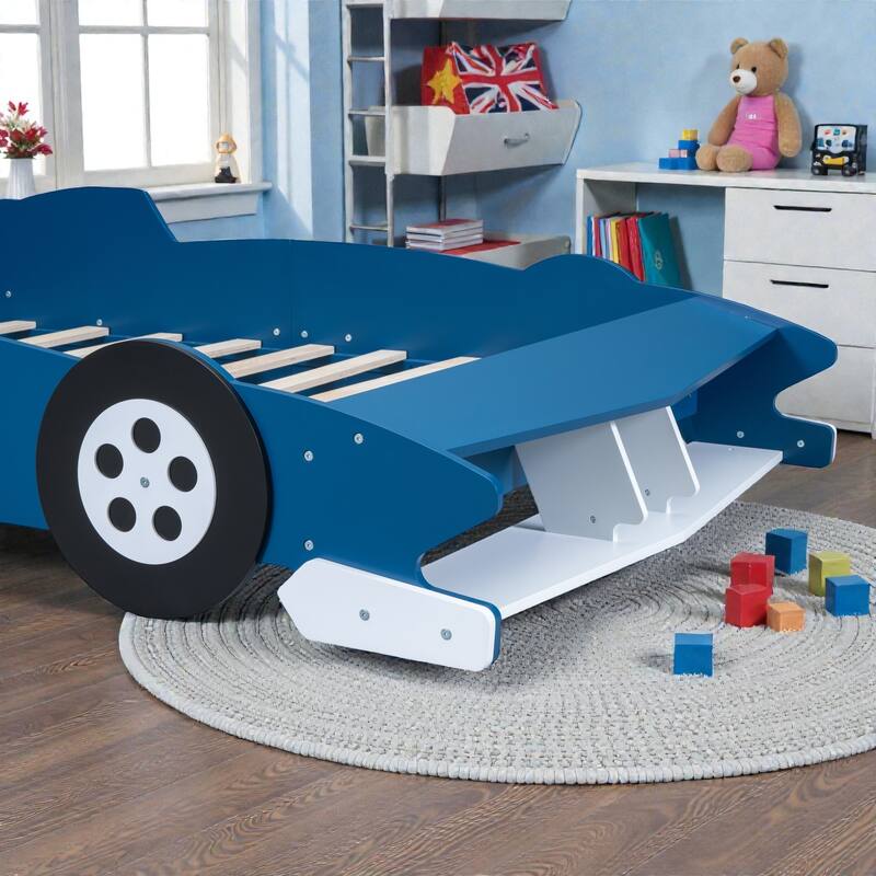 Race Car Platform Bed with Wheels, Kids Car-Shaped Bed Frame with Safety Rails