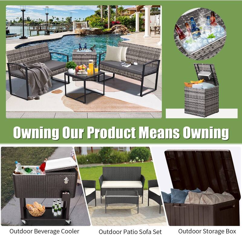 4-Piece Wicker Outdoor Sofa Set, 2 Loveseats, 1 Table, 1 Ice Bucket