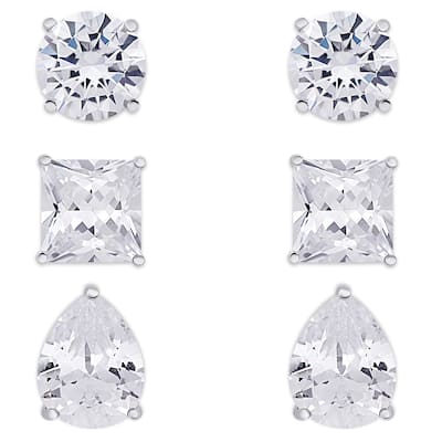 Victoria Townsend .925 Sterling Silver AAA Cubic Zirconia 3pr.Circle, Square, and Pear Stud Set