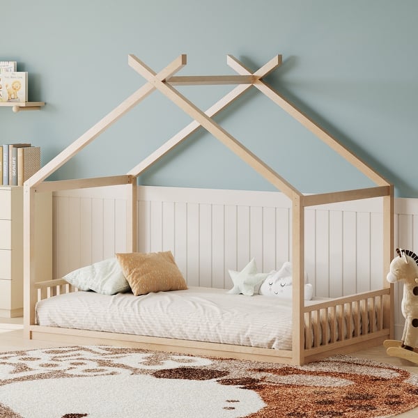 slide 2 of 20, Montessori House-shape Bed Frame for Kids Toddler Floor Bed with Fence Headboard Footboard, Low Wooden Tent Bed Without Slats Natural - Twin