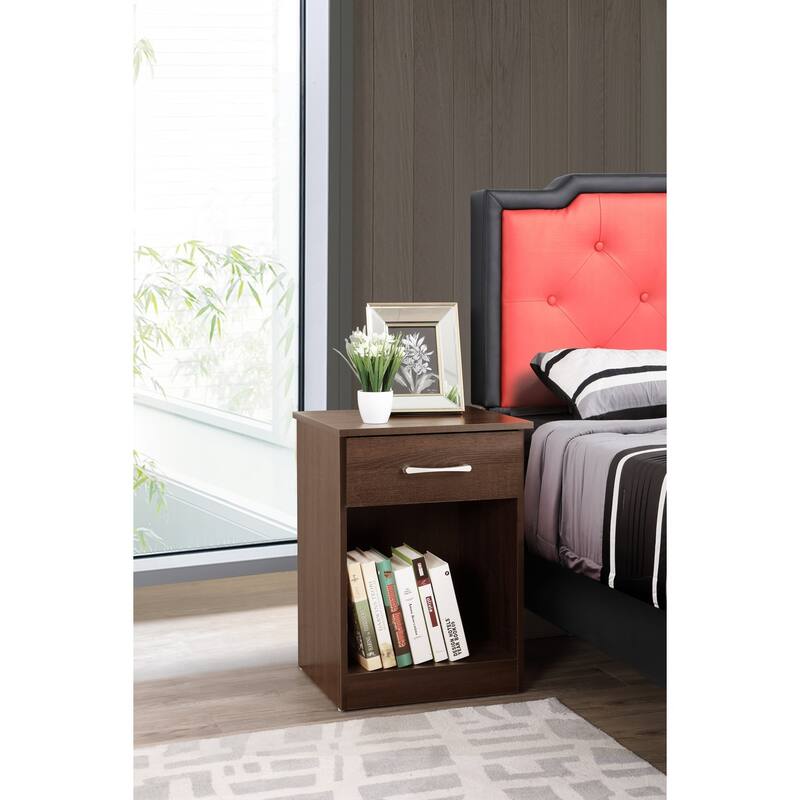 1-Drawer Wenge Nightstand with Open Shelf and Spacious Top, 24 Inch Easy Assembly Bedroom Bedside Table