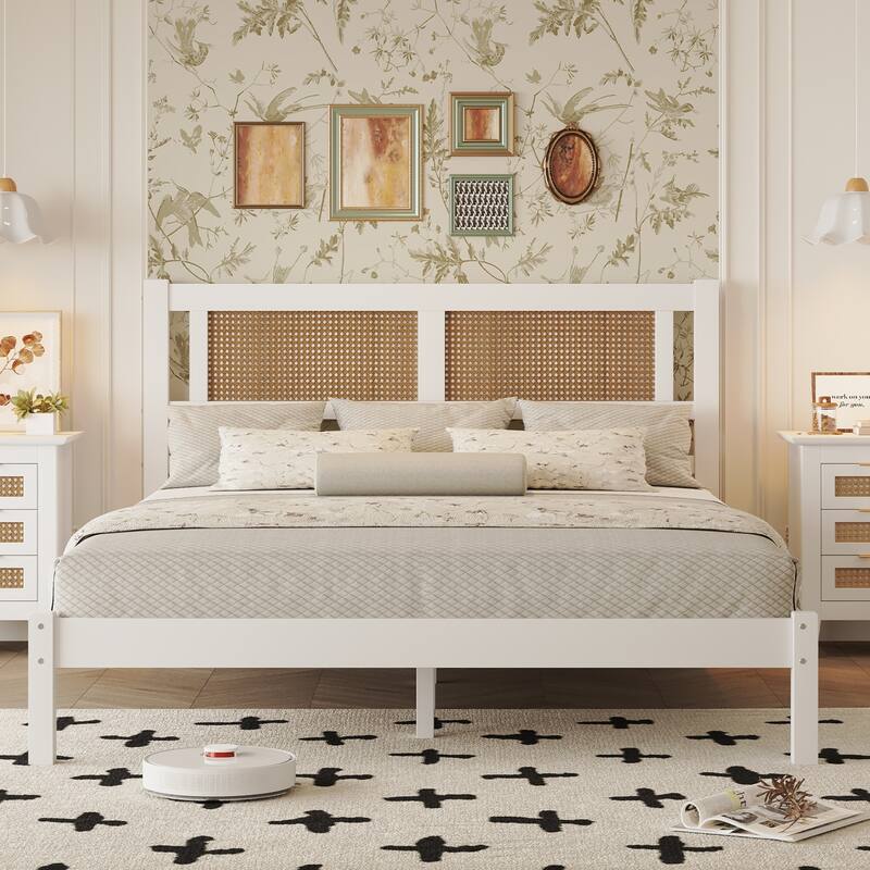 Natural Rattan Headboard Platform Bed - Queen/Full Size, Modern Minimalist Design, No Box Spring Required - White-Queen - Queen